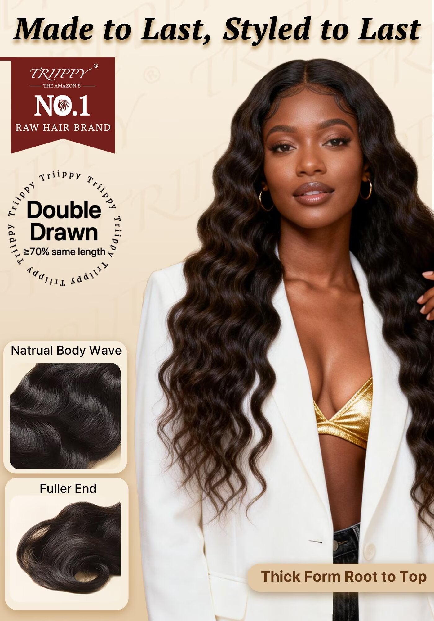 TRIIPPY Raw Natural Body Wave Bundles Human Hair,100% Cambodian Raw Hair Sew in Weave Double Drawn 1 Bundle(14 Inch),3X Lasting And Durable Over Virgin Hair Bundle,No.1 Raw Hair Brand On Amazon