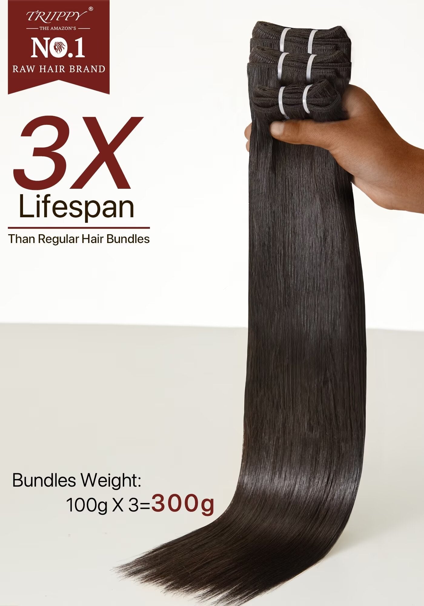 TRIIPPY Straight Bundles Human Hair,100% Raw Cambodian Hair Sew In Weave 3 Bundles ,Triple The Lifespan Over Regular Virgin Hair Bundle,No.1 Raw Hair Brand On Amazon(Natural Color)