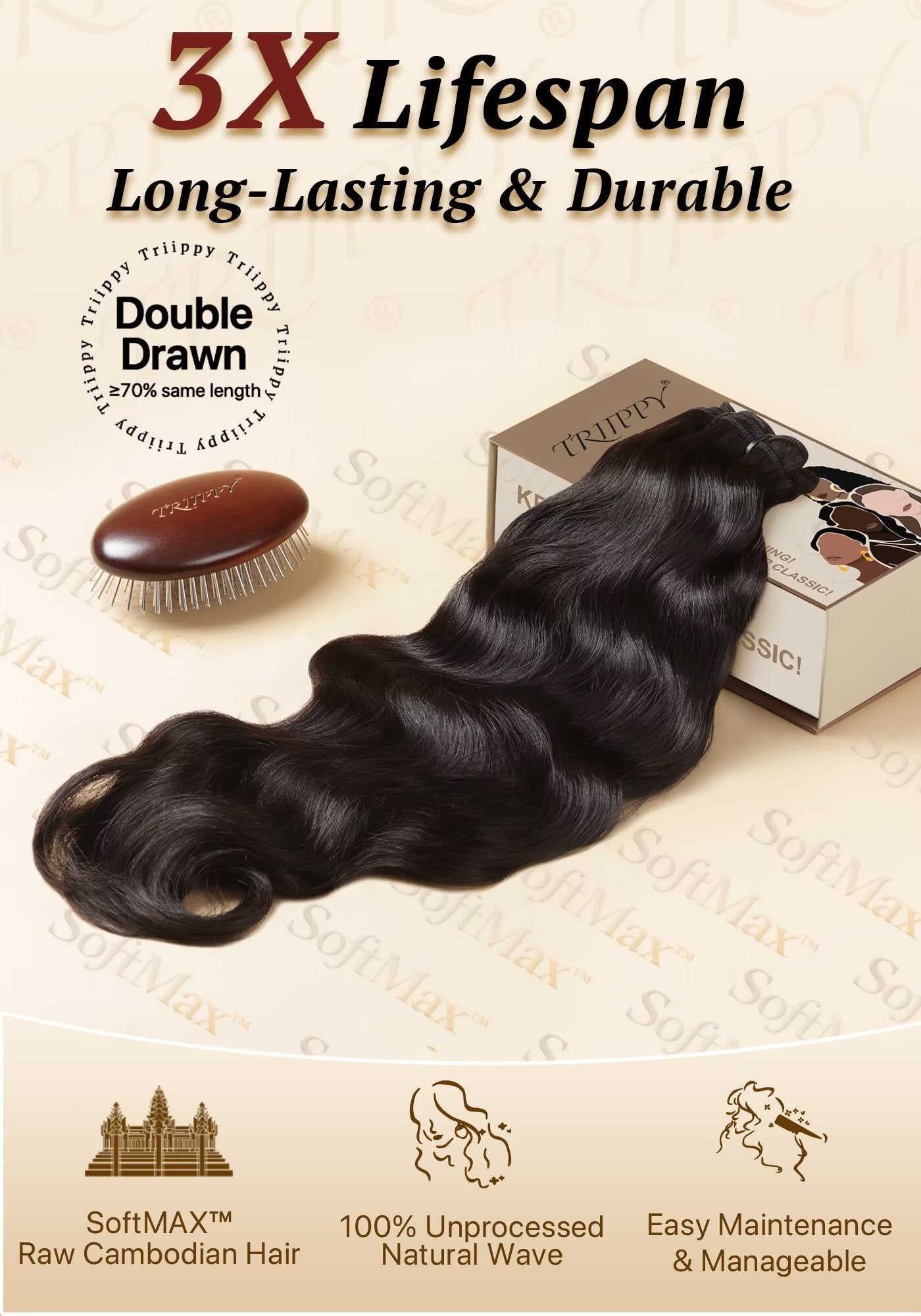 TRIIPPY Raw Natural Body Wave Bundles Human Hair,100% Cambodian Raw Hair Sew in Weave Double Drawn 3 Bundles,3X Lasting And Durable Over Virgin Hair,No.1 Raw Hair Brand On Amazon