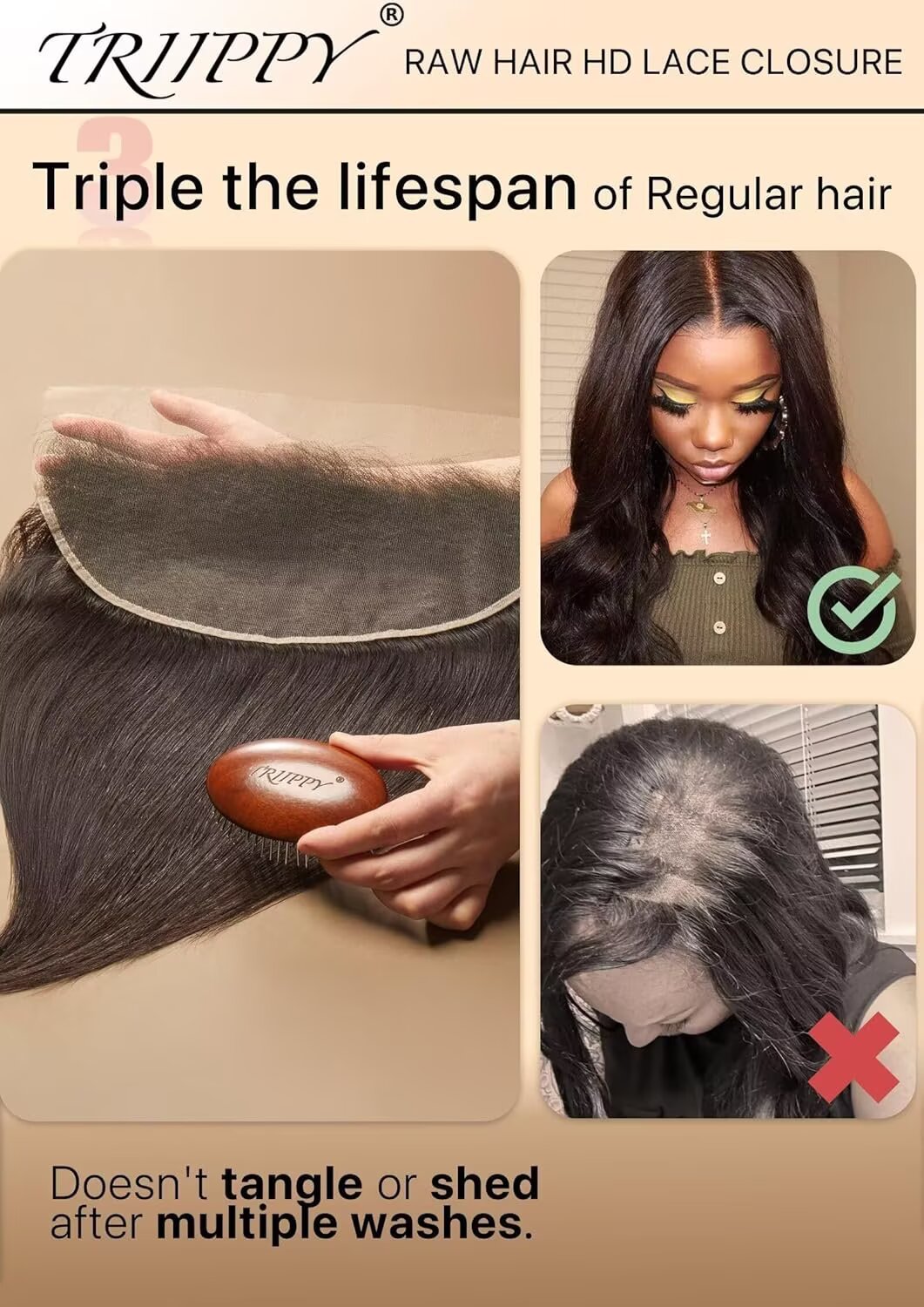 TRIIPPY Raw Hair 13x6 HD Lace Frontal Closure Straight,More Less Shedding than Regular Virgin Hair Closure,0.10mm Ultra-Thin 13x6 Swiss Real HD Lace with 100% Raw Cambodian Human Hair