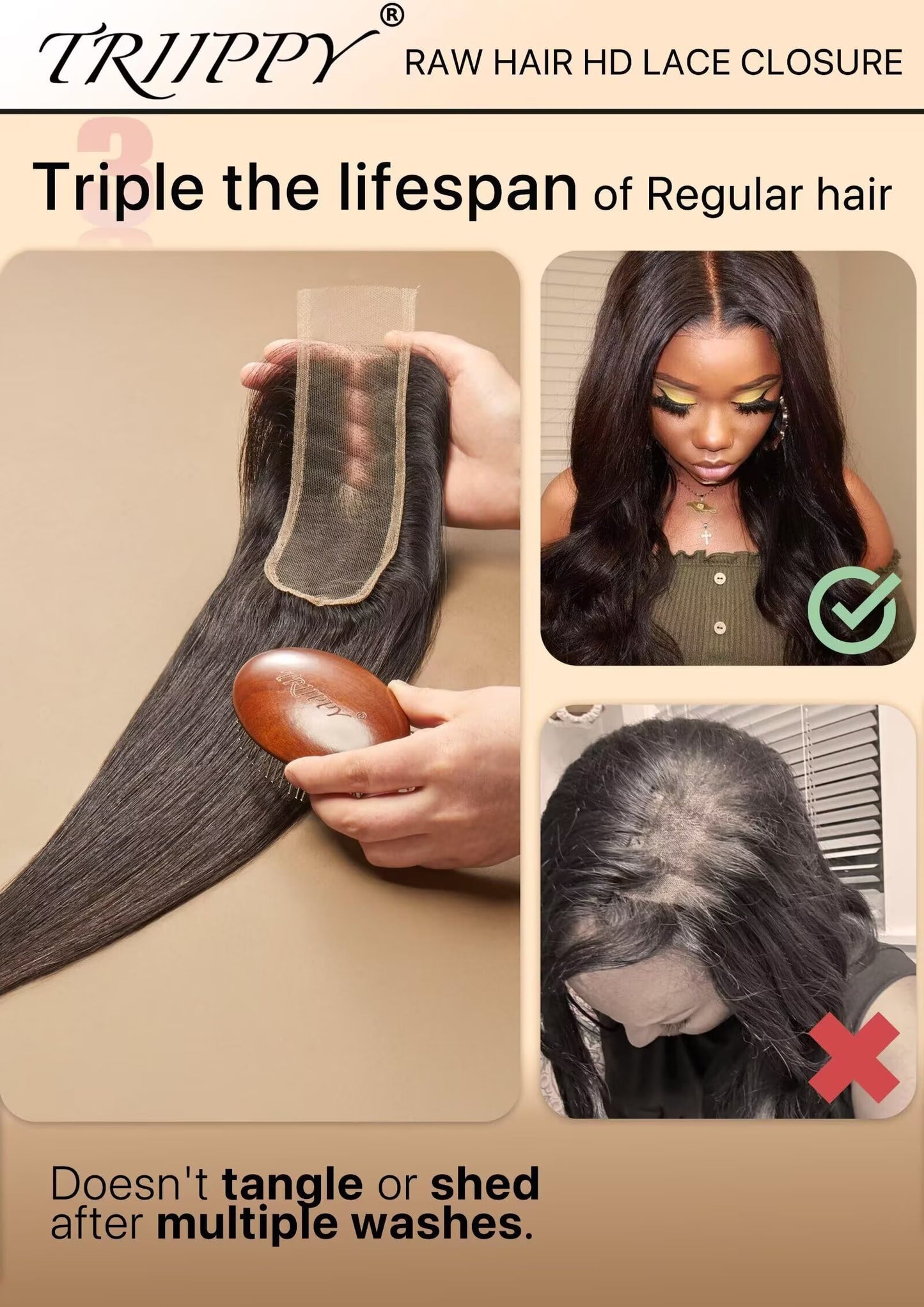 Triippy Raw Hair 2x6 HD Lace Closure Straight More Less Shedding than Regular Virgin Hair, 0.10mm Ultra-Thin 2x6 Swiss Real HD Lace with 100% Raw Cambodian Human Haires
