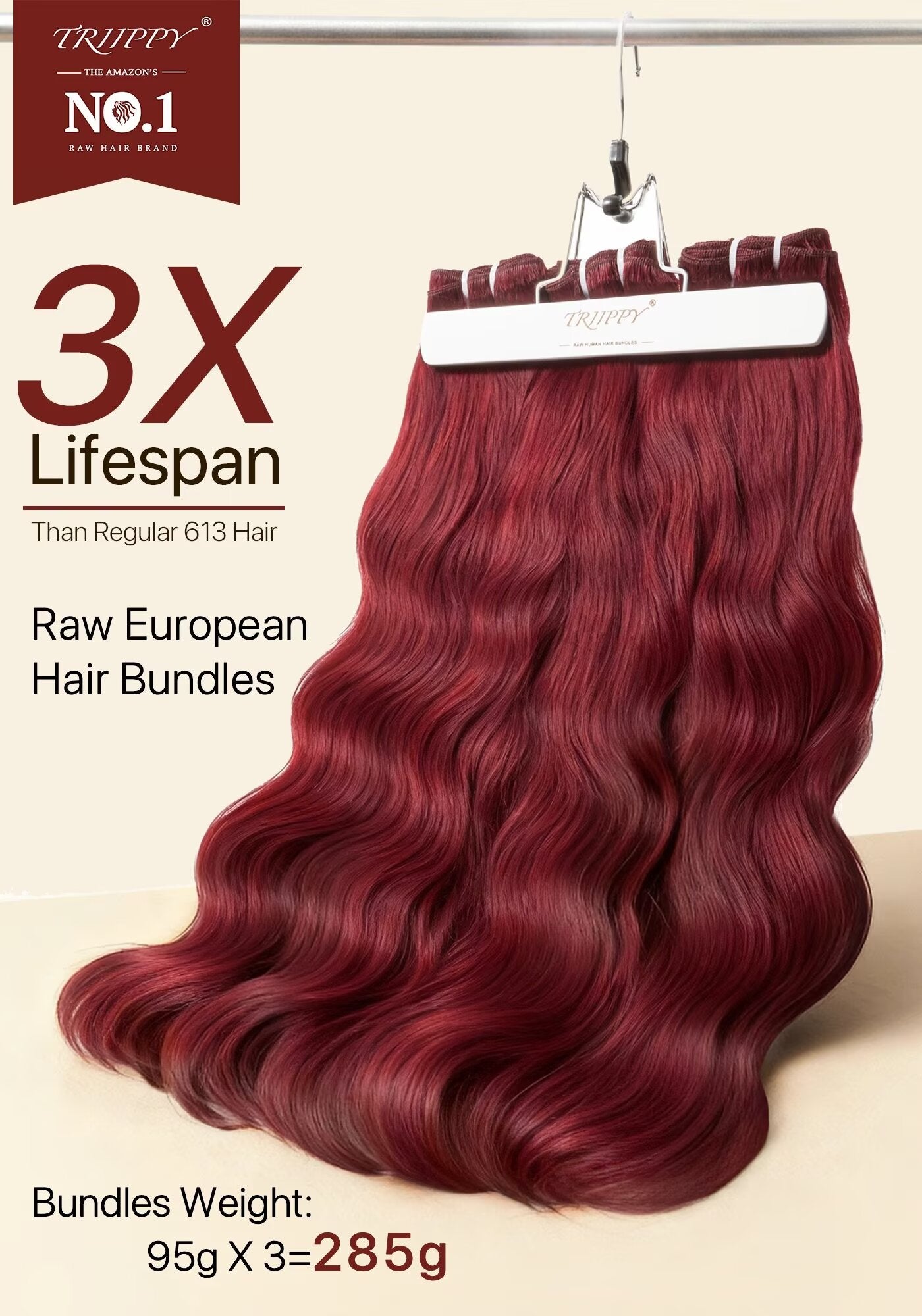 TRIIPPY Burgundy Natural Body Wave Bundles Human Hair,100% Vietnamese Raw Human Hair Sew in Weave 3 Bundles,5X Lifespan Over Regular 99j Hair,No.1 Raw Hair Brand On Amazon